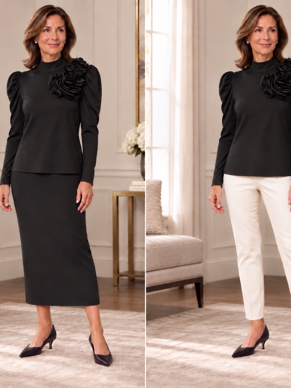 Teri Jon Black ruffle Rosette evening blouse